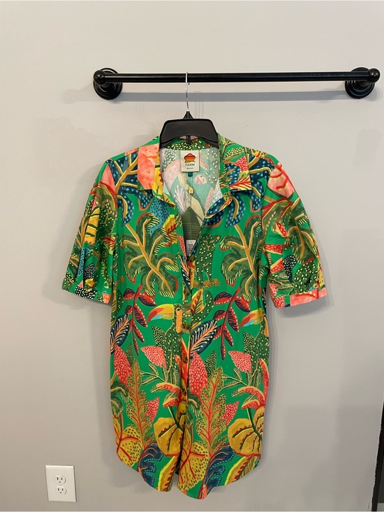 FARM Rio Pants - Tropical Print Short Sleeve Button-Up romper- Green